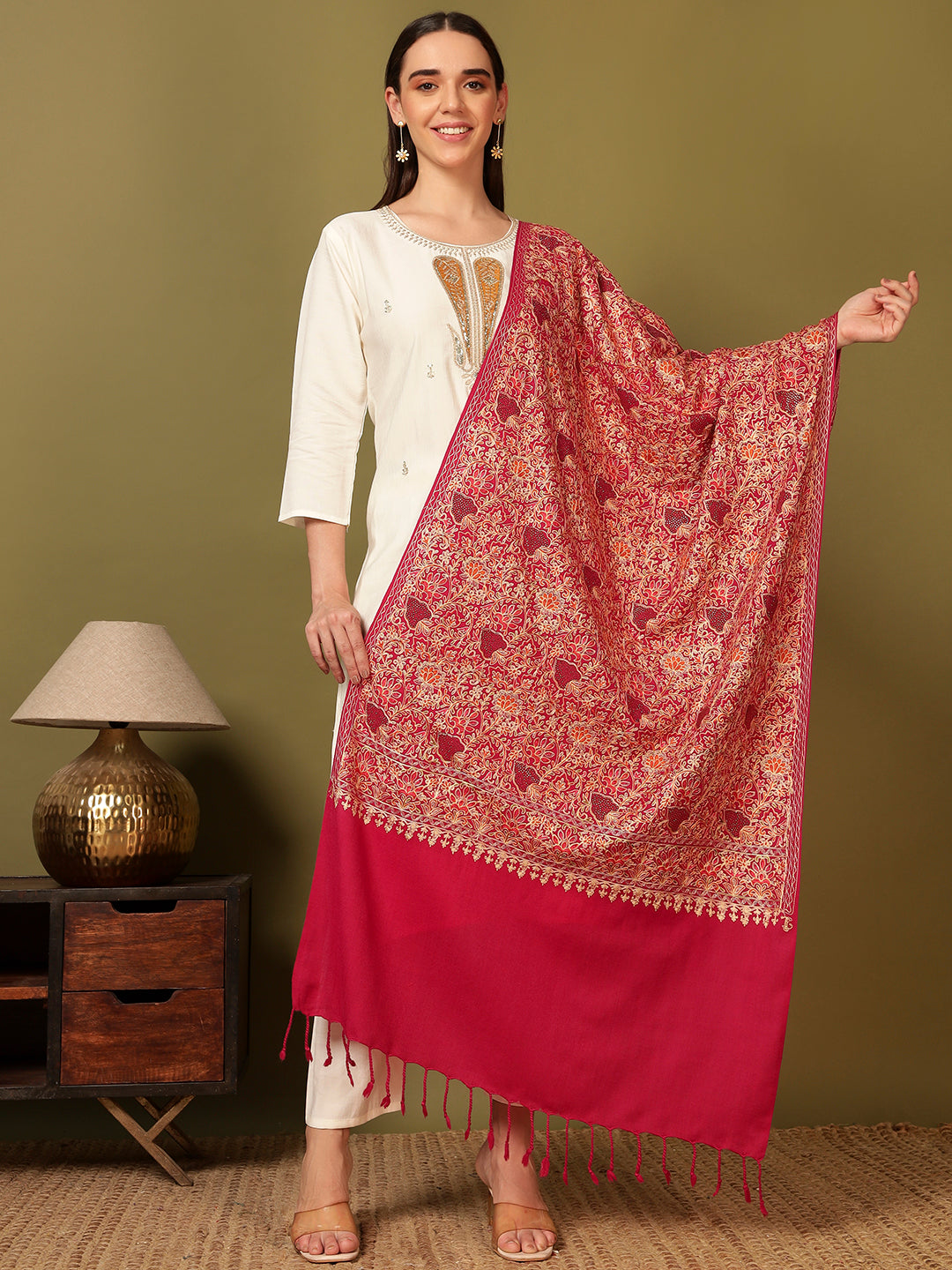 Pashmoda Women Hunar Fine Wool Nalki Embroidered Stole (Size : 71X203 CM)