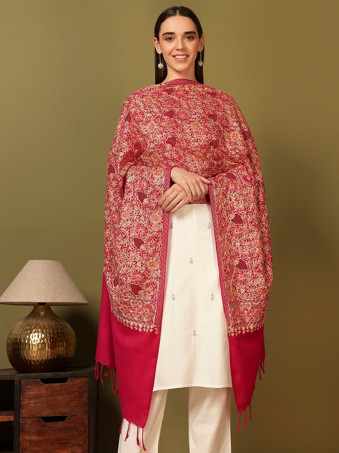 Pashmoda Women Hunar Fine Wool Nalki Embroidered Stole (Size : 71X203 CM)