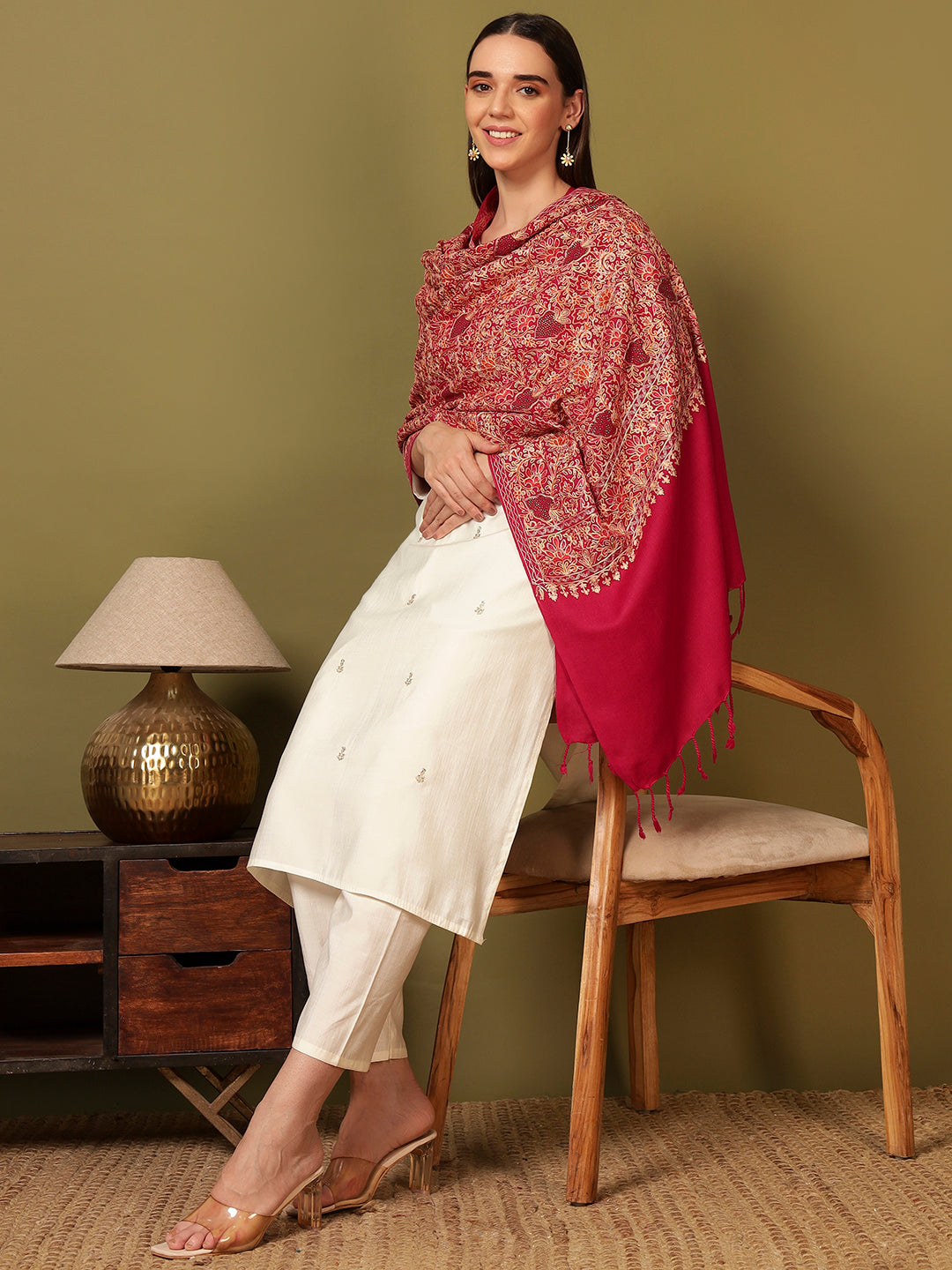 Pashmoda Women Hunar Fine Wool Nalki Embroidered Stole (Size : 71X203 CM)