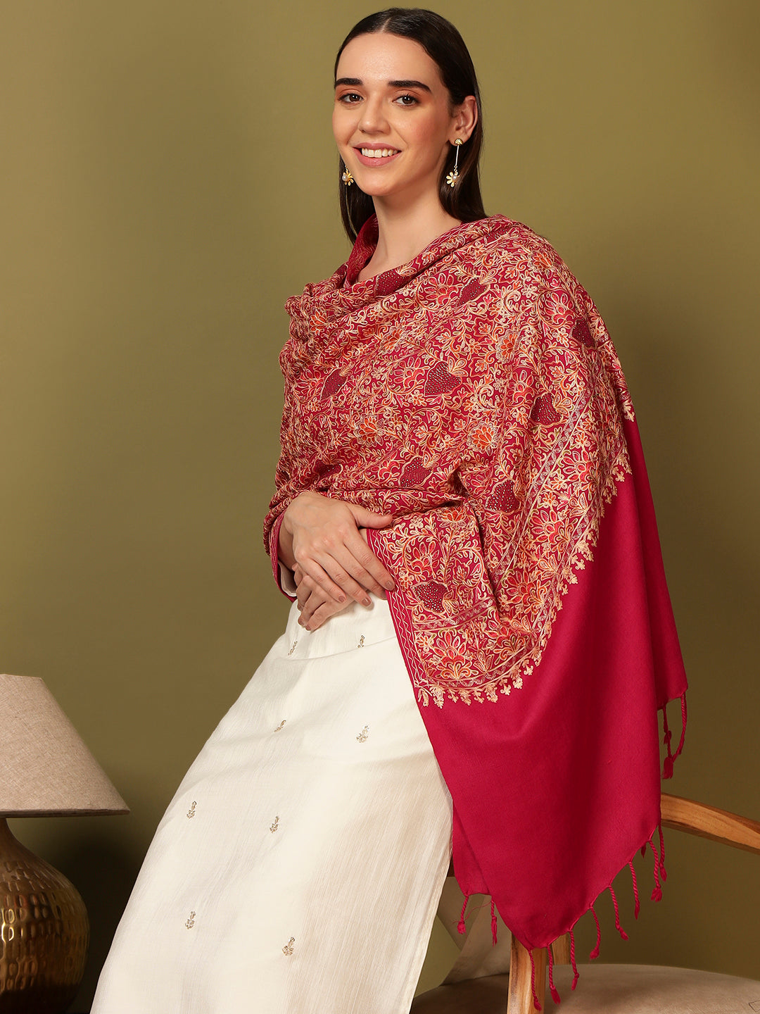 Pashmoda Women Hunar Fine Wool Nalki Embroidered Stole (Size : 71X203 CM)