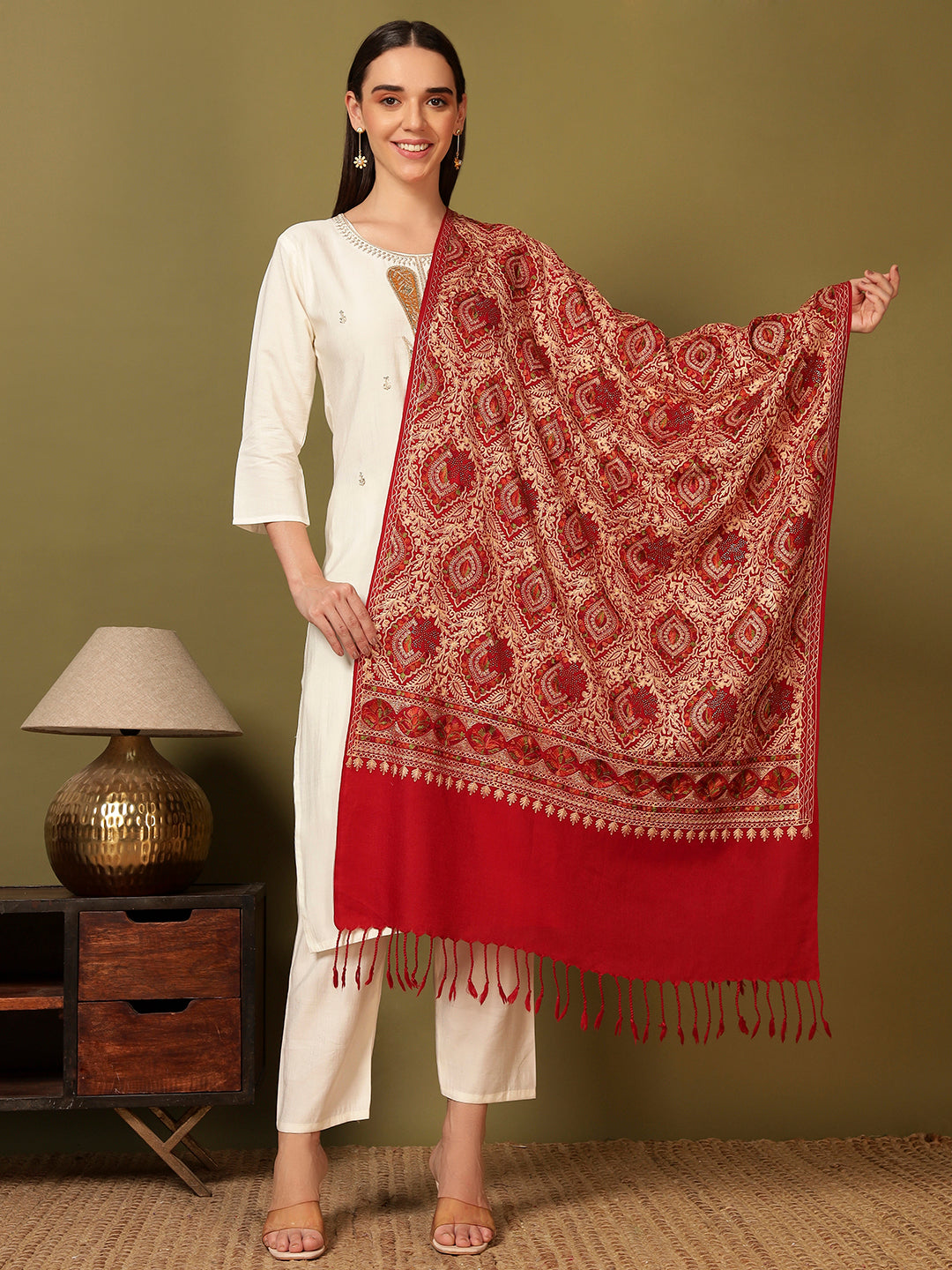 Pashmoda Women Ornate Harmony Fine Wool Nalki Embroidered Stole (Size : 71X203 CM)