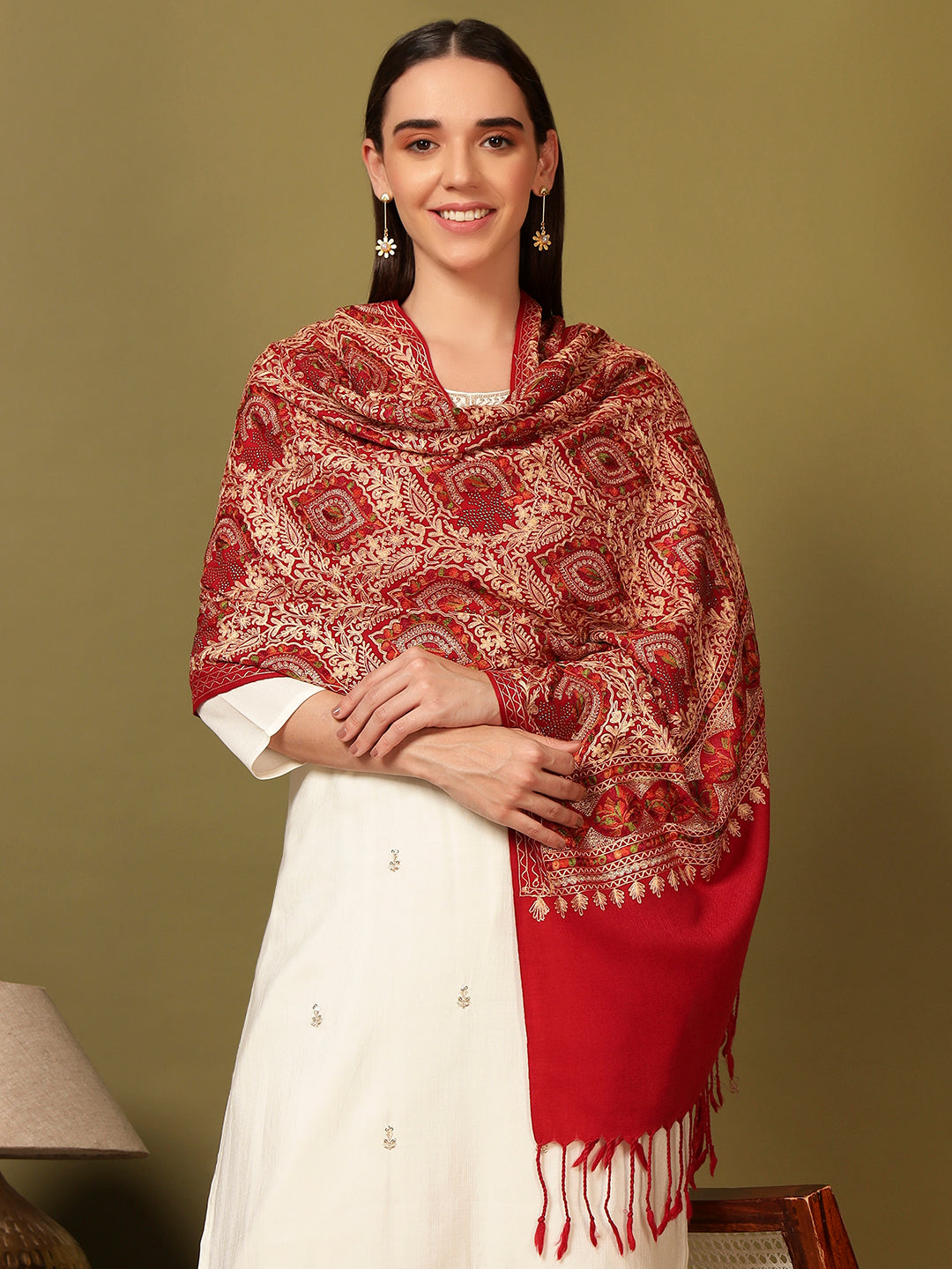 Pashmoda Women Ornate Harmony Fine Wool Nalki Embroidered Stole (Size : 71X203 CM)