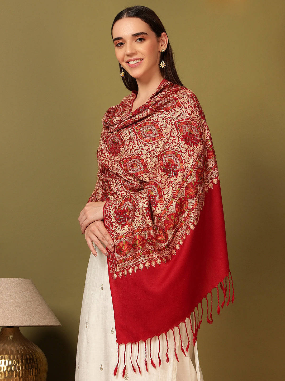 Pashmoda Women Ornate Harmony Fine Wool Nalki Embroidered Stole (Size : 71X203 CM)