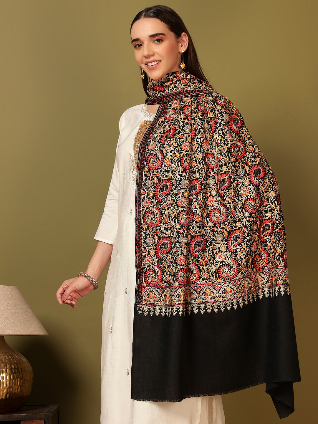 Pashmoda Women Ruhani Fine Wool Nalki Hand Embroidered Shawl (Size: 101x203 Cm)