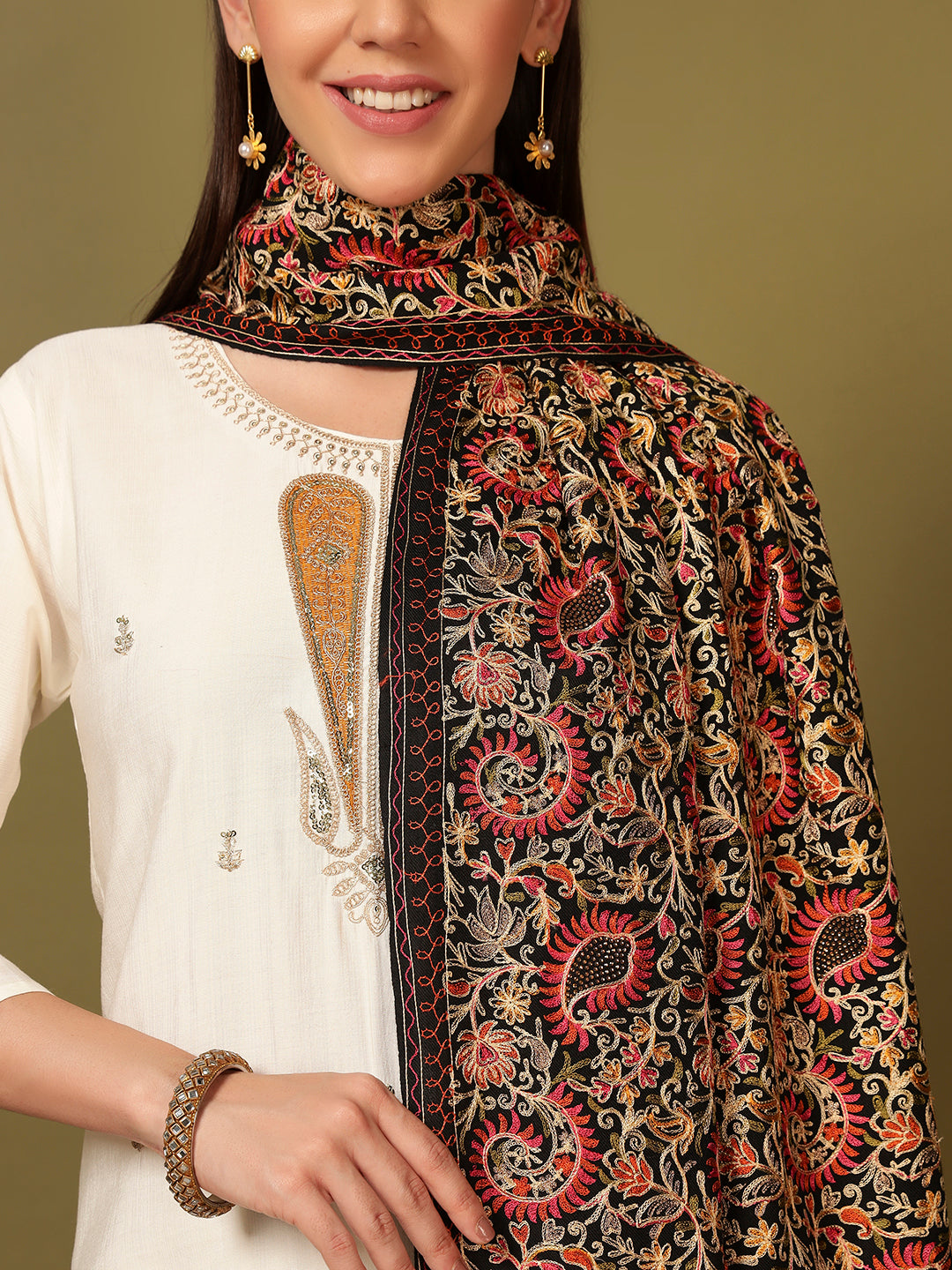 Pashmoda Women Ruhani Fine Wool Nalki Hand Embroidered Shawl (Size: 101x203 Cm)