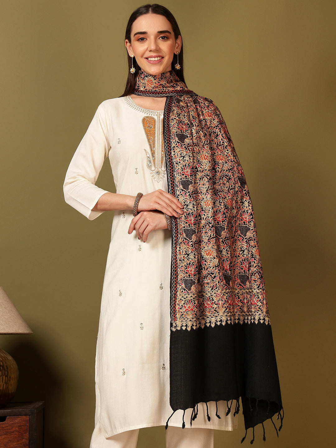 Pashmoda Women Hunar Fine Wool Nalki Embroidered Stole (Size : 71X203 CM)