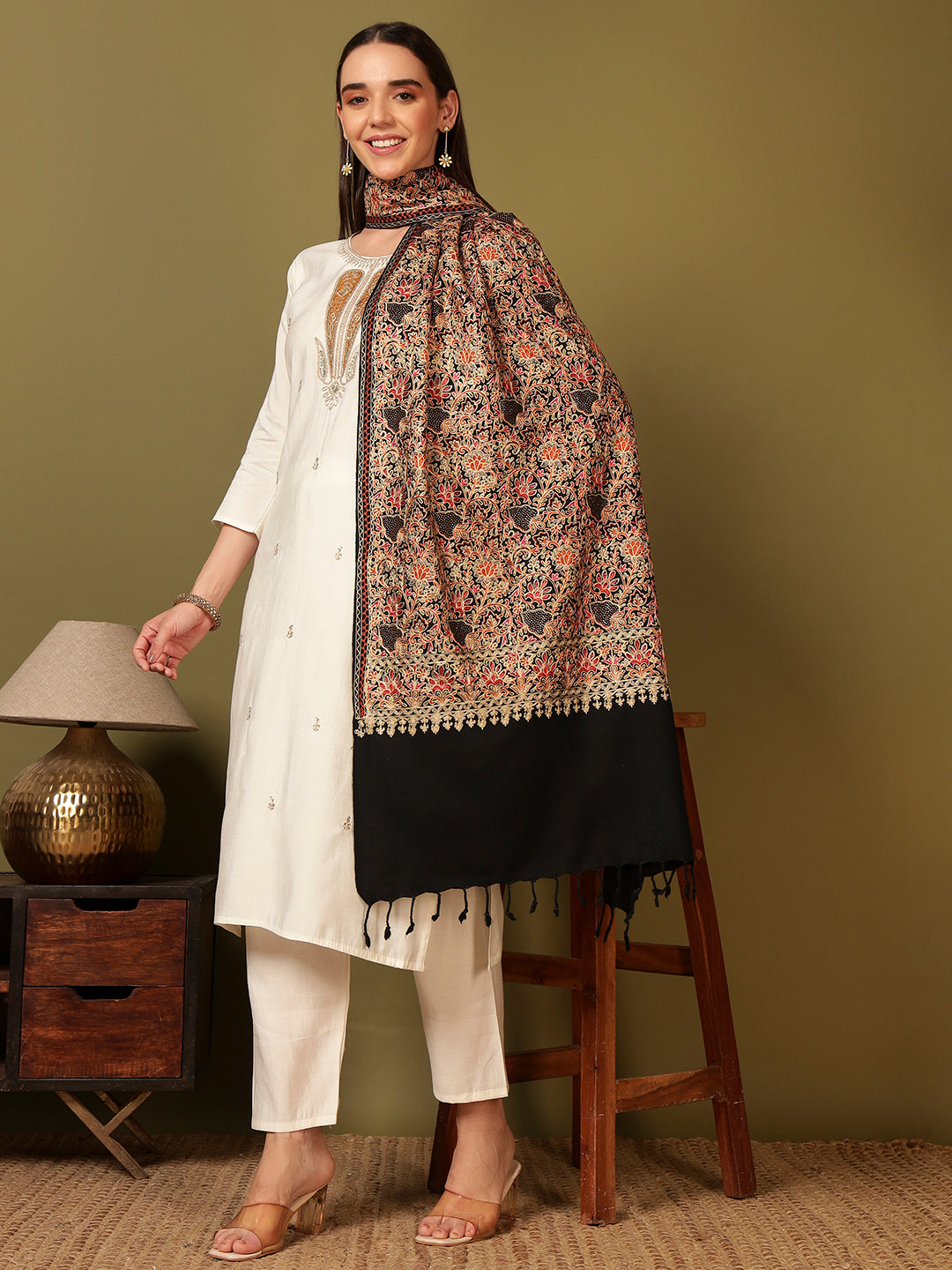 Pashmoda Women Hunar Fine Wool Nalki Embroidered Stole (Size : 71X203 CM)