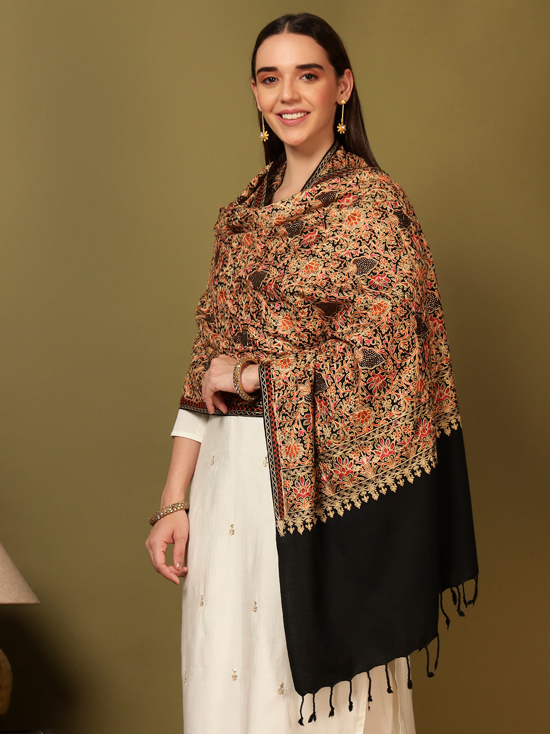 Pashmoda Women Hunar Fine Wool Nalki Embroidered Stole (Size : 71X203 CM)