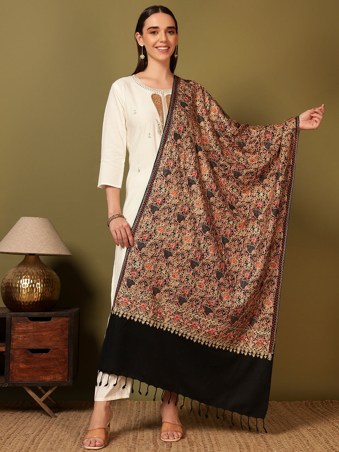 Pashmoda Women Hunar Fine Wool Nalki Embroidered Stole (Size : 71X203 CM)