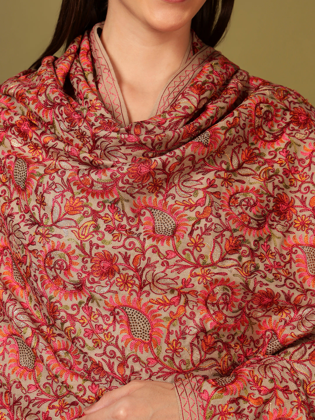 Pashmoda Women Ruhani Fine Wool Nalki Hand Embroidered Shawl (Size: 101x203 Cm)