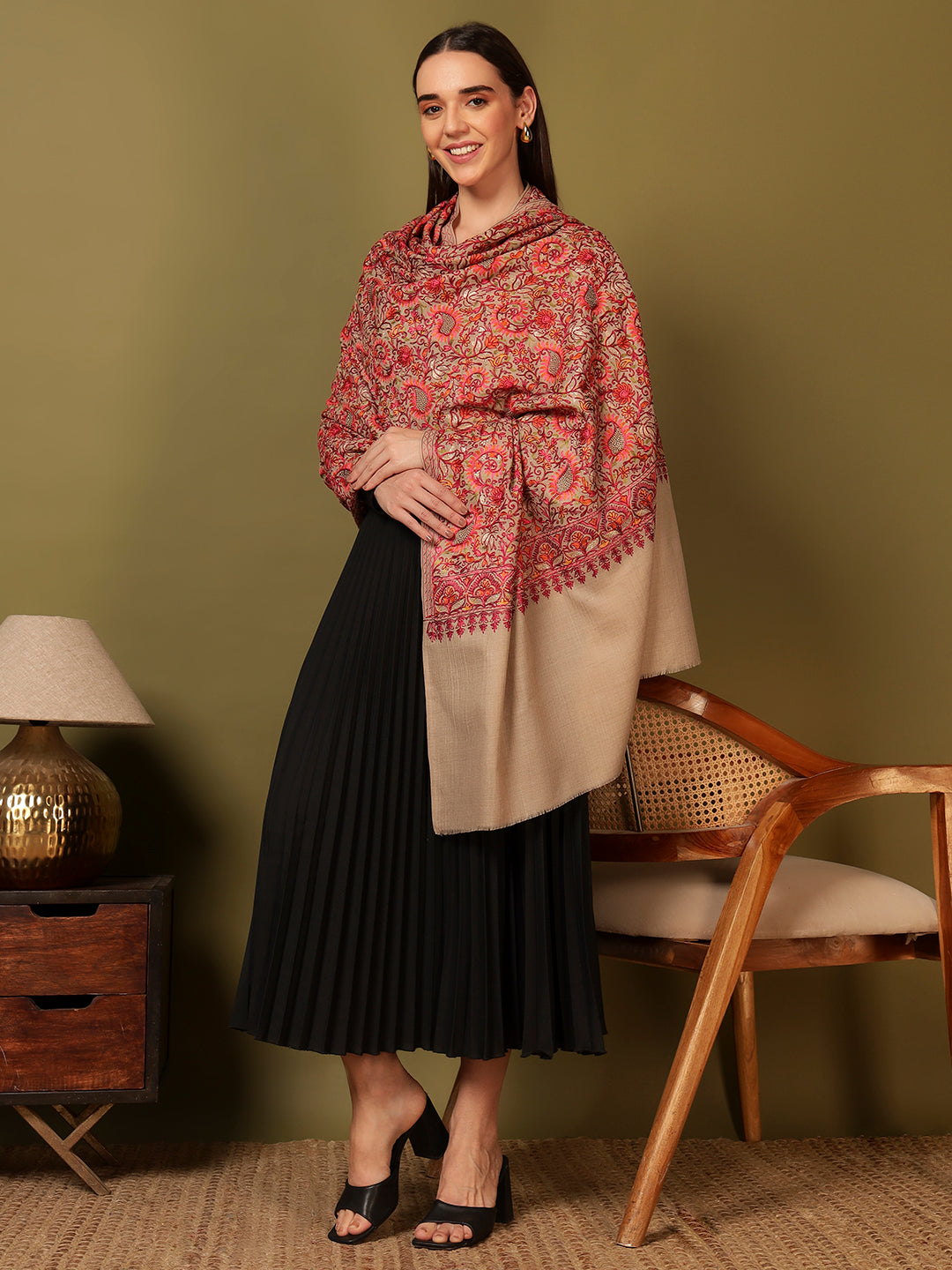 Pashmoda Women Ruhani Fine Wool Nalki Hand Embroidered Shawl (Size: 101x203 Cm)