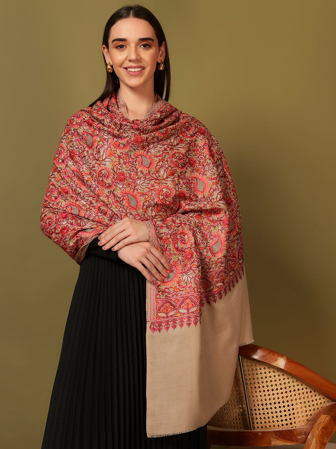 Pashmoda Women Ruhani Fine Wool Nalki Hand Embroidered Shawl (Size: 101x203 Cm)