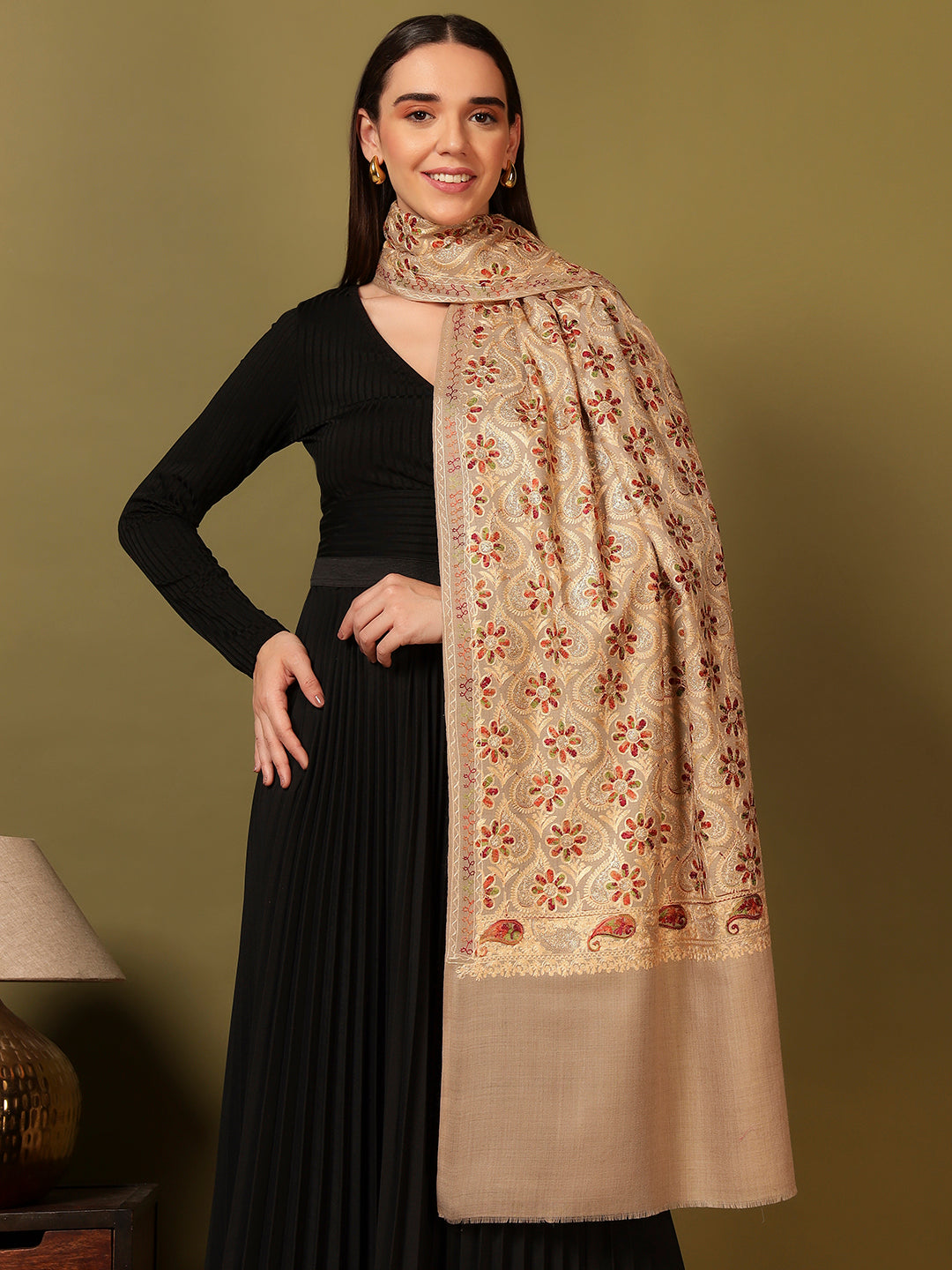 Pashmoda Women Kashish Fine Wool Nalki Embroidered Stole (Size : 71X203 CM)