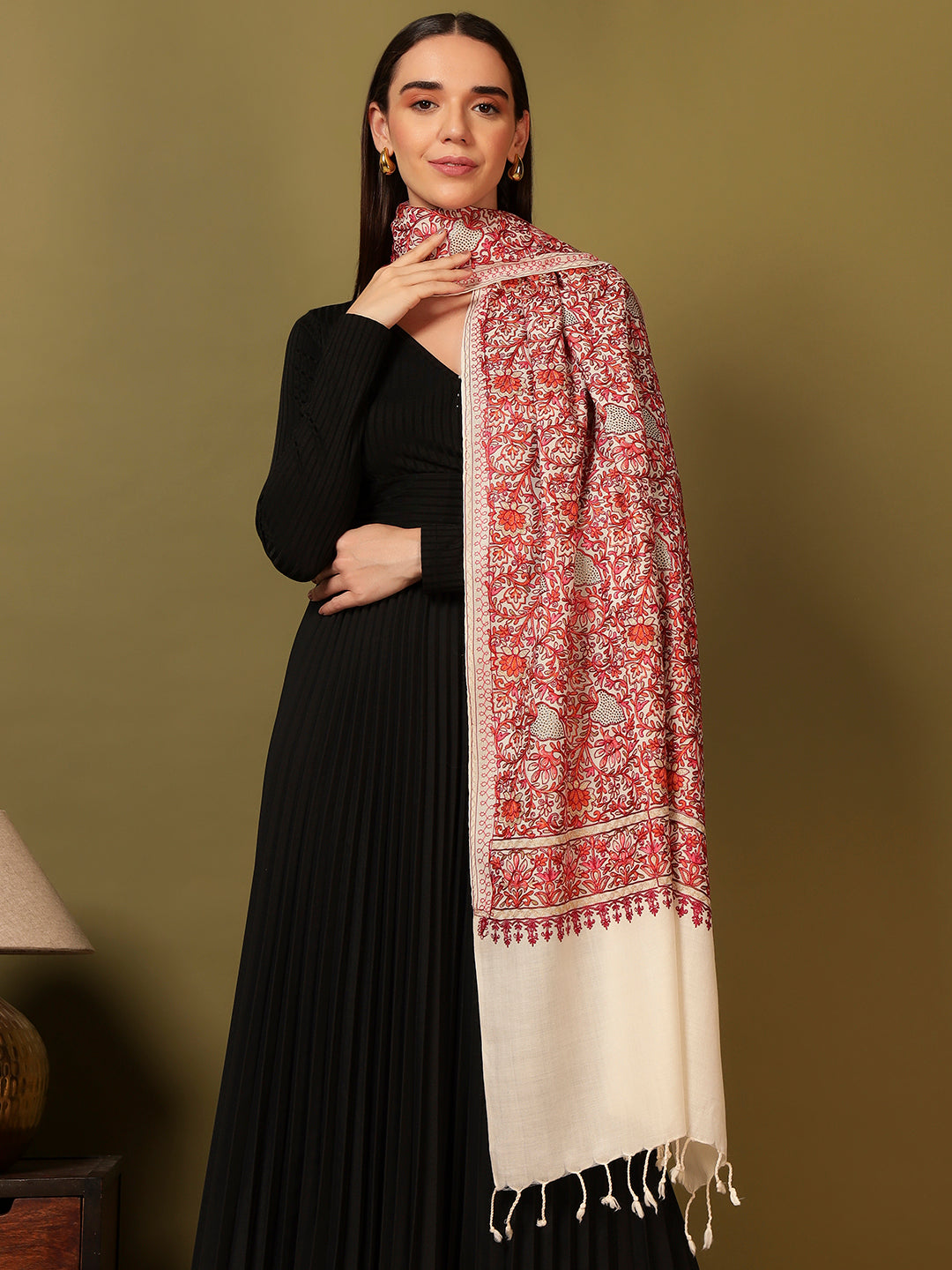 Pashmoda Women Hunar Fine Wool Nalki Embroidered Stole (Size : 71X203 CM)