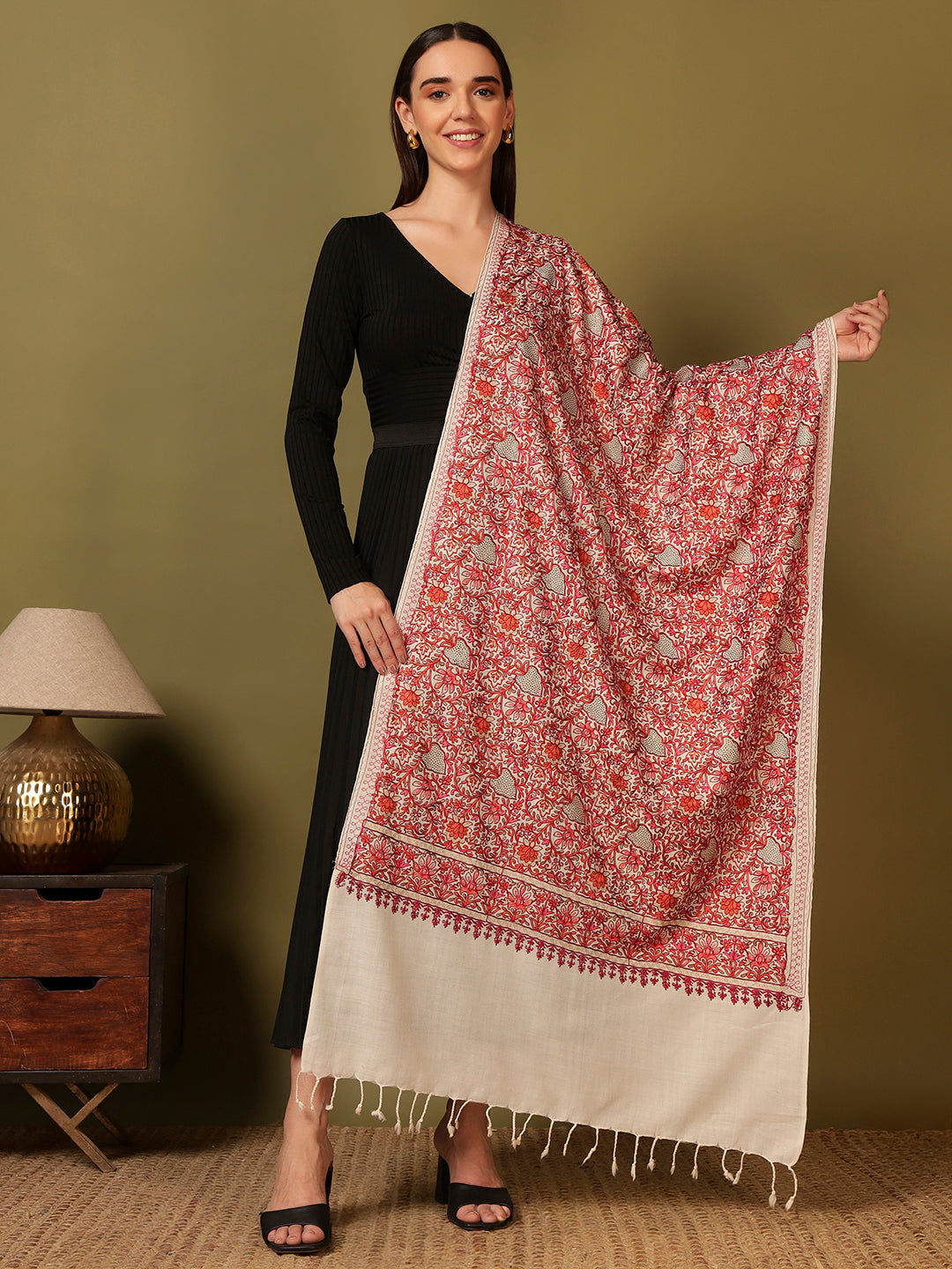 Pashmoda Women Hunar Fine Wool Nalki Embroidered Stole (Size : 71X203 CM)