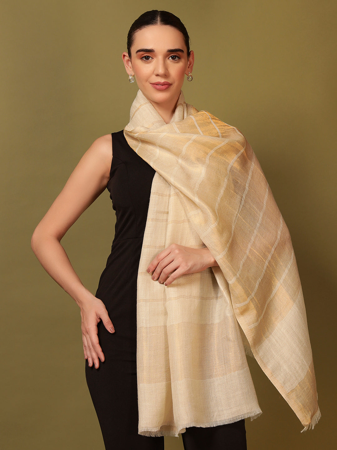 Pashmoda Women Parallel Grace Reversible Zari Moonlight Fine Wool Stole (Size: 71x203 Cm)