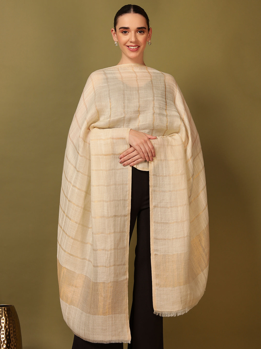 Pashmoda Women Parallel Grace Reversible Zari Moonlight Fine Wool Stole (Size: 71x203 Cm)