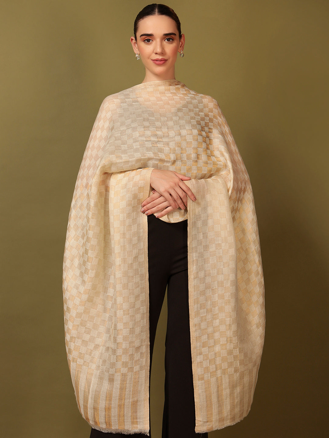 Pashmoda Women Champagne Check Reversible Zari Moonlight Fine Wool Stole (Size: 71x203 Cm)