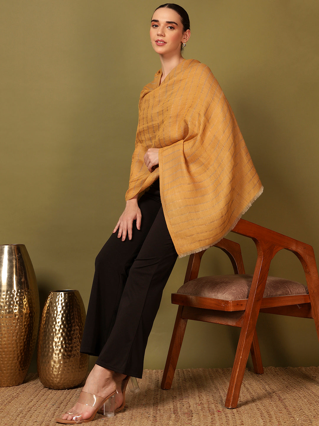 Pashmoda Women Golden Mirage Reversible Zari Moonlight Fine Wool Stole (Size: 71x203 Cm)