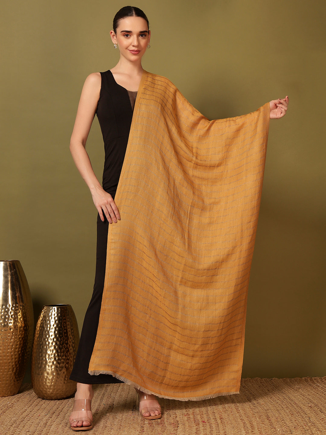 Pashmoda Women Golden Mirage Reversible Zari Moonlight Fine Wool Stole (Size: 71x203 Cm)