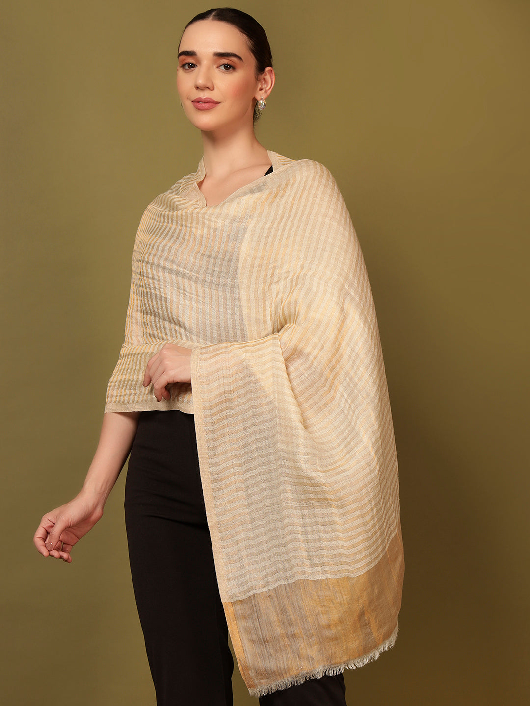 Pashmoda Women Golden Eclipse Reversible Zari Moonlight Fine Wool Stole (Size: 71x203 Cm)