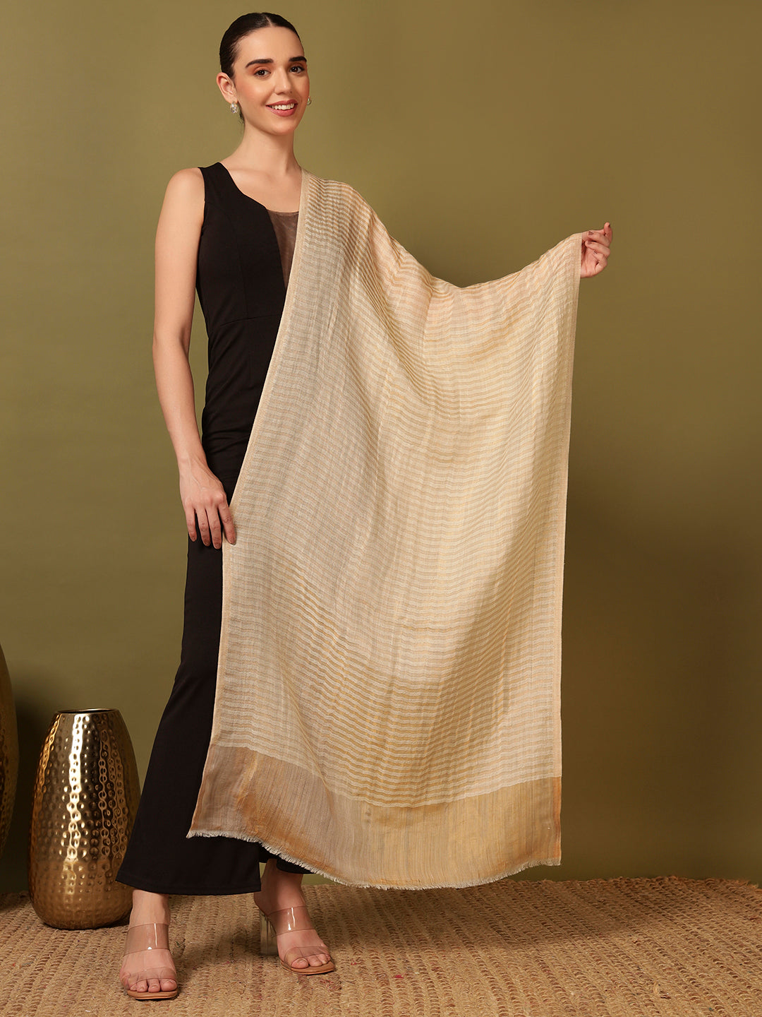 Pashmoda Women Golden Eclipse Reversible Zari Moonlight Fine Wool Stole (Size: 71x203 Cm)