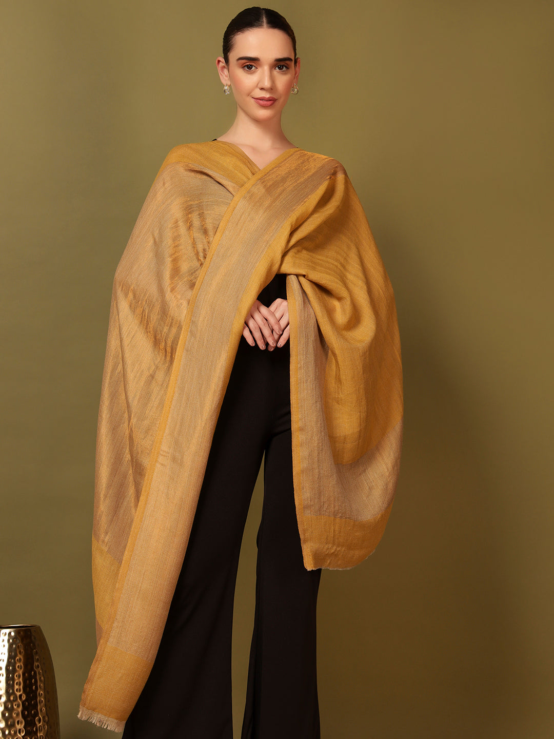 Pashmoda Women Midnight Bronze Reversible Zari Moonlight Fine Wool Stole (Size: 71x203 Cm)