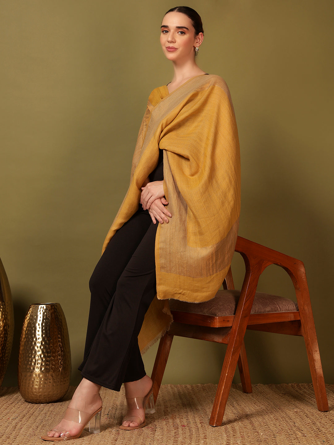 Pashmoda Women Midnight Bronze Reversible Zari Moonlight Fine Wool Stole (Size: 71x203 Cm)