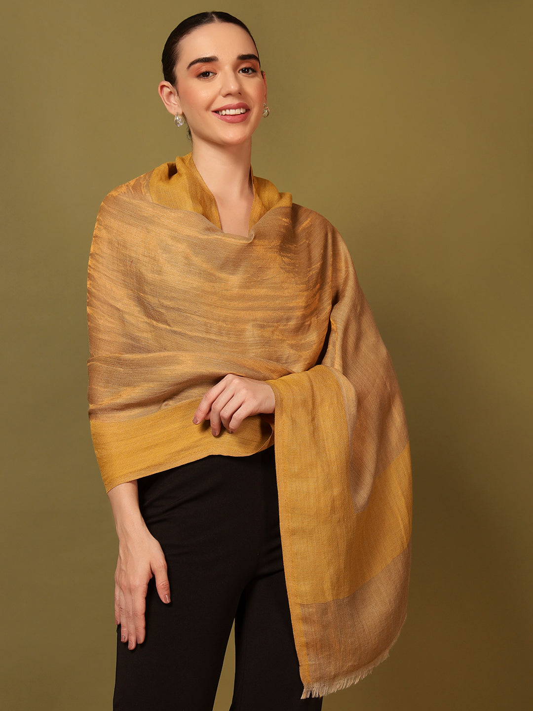Pashmoda Women Midnight Bronze Reversible Zari Moonlight Fine Wool Stole (Size: 71x203 Cm)