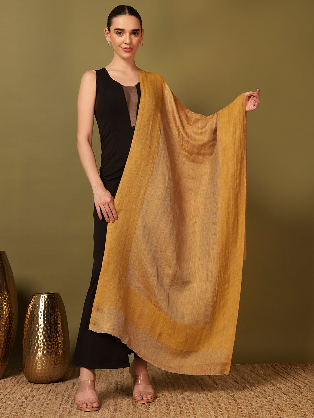 Pashmoda Women Midnight Bronze Reversible Zari Moonlight Fine Wool Stole (Size: 71x203 Cm)