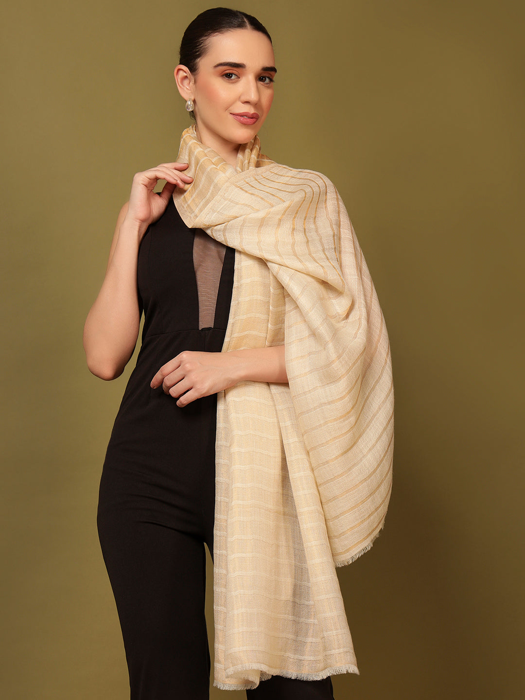 Pashmoda Women Golden Mirage Reversible Zari Moonlight Fine Wool Stole (Size: 71x203 Cm)