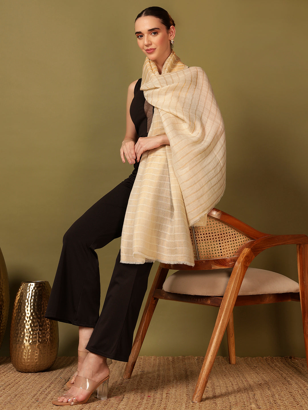 Pashmoda Women Golden Mirage Reversible Zari Moonlight Fine Wool Stole (Size: 71x203 Cm)