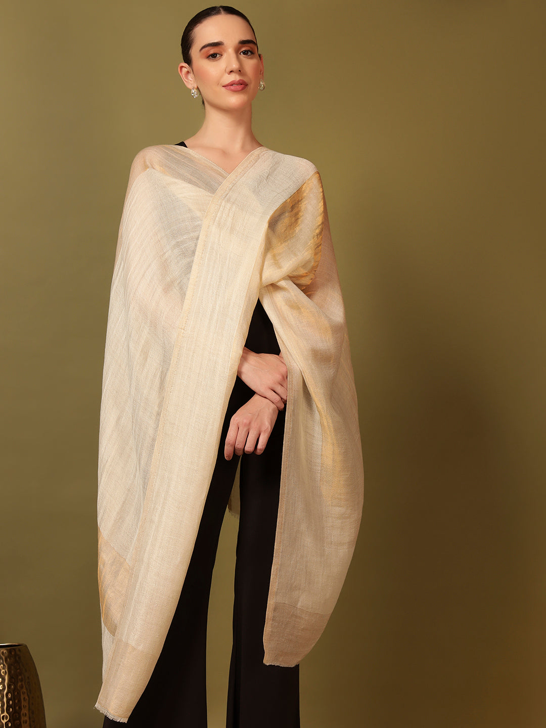 Pashmoda Women Midnight Bronze Reversible Zari Moonlight Fine Wool Stole (Size: 71x203 Cm)