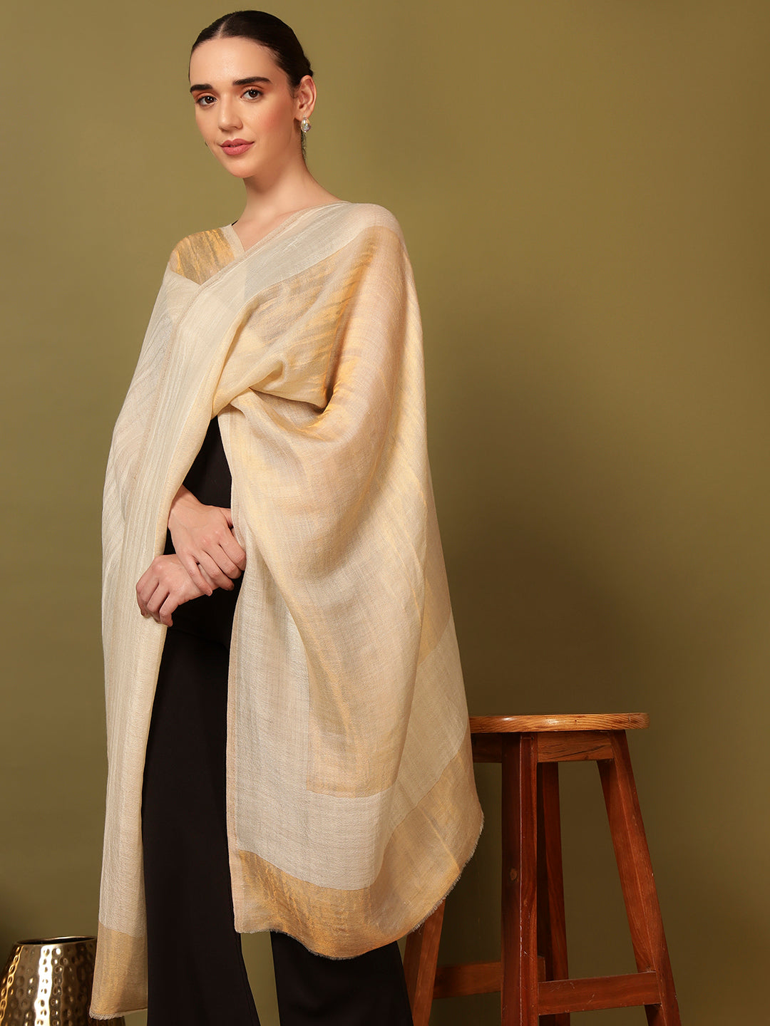 Pashmoda Women Midnight Bronze Reversible Zari Moonlight Fine Wool Stole (Size: 71x203 Cm)