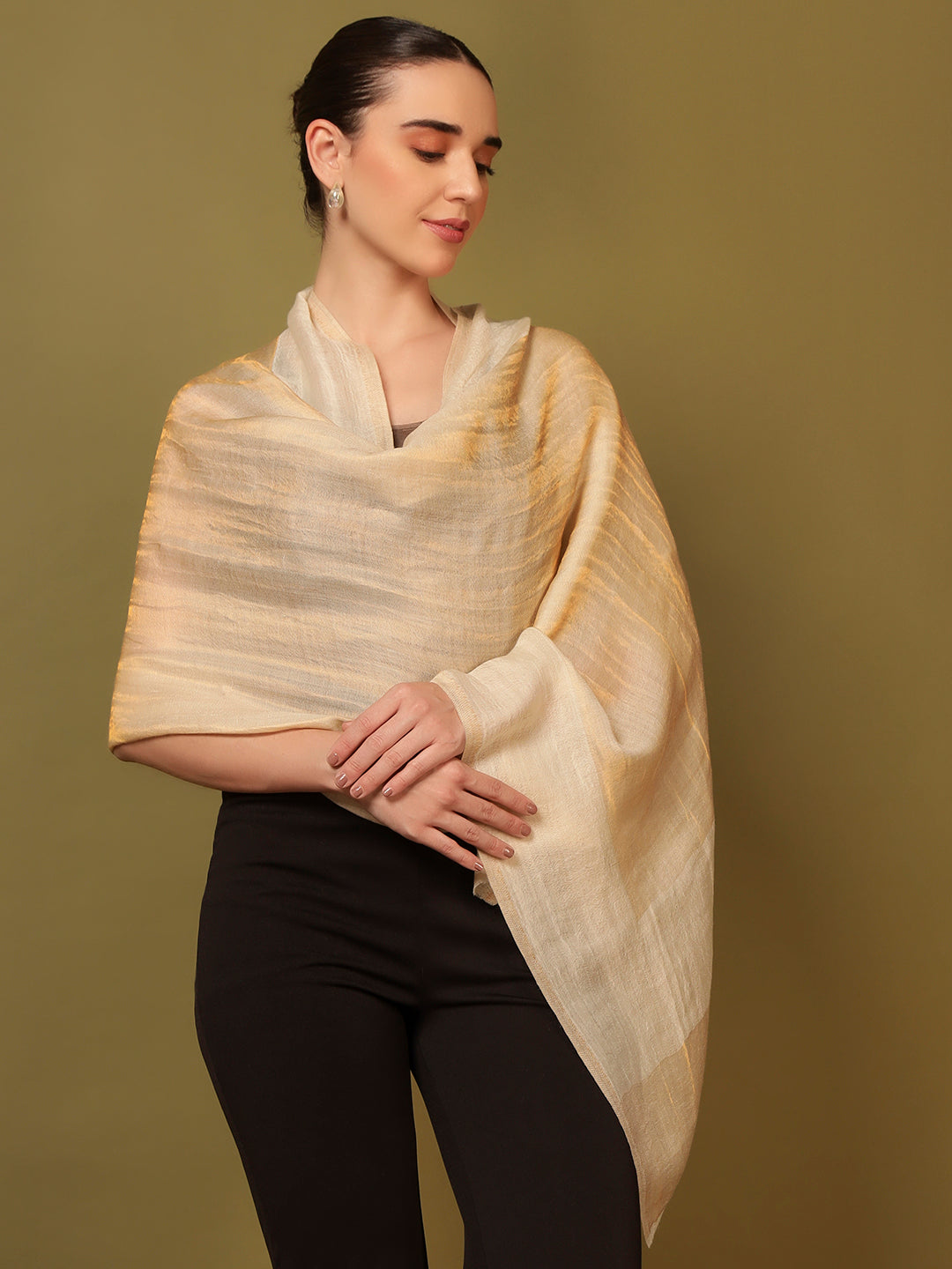 Pashmoda Women Midnight Bronze Reversible Zari Moonlight Fine Wool Stole (Size: 71x203 Cm)