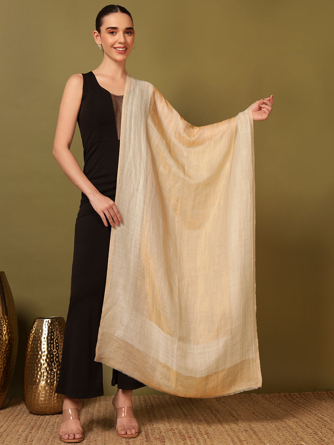 Pashmoda Women Midnight Bronze Reversible Zari Moonlight Fine Wool Stole (Size: 71x203 Cm)