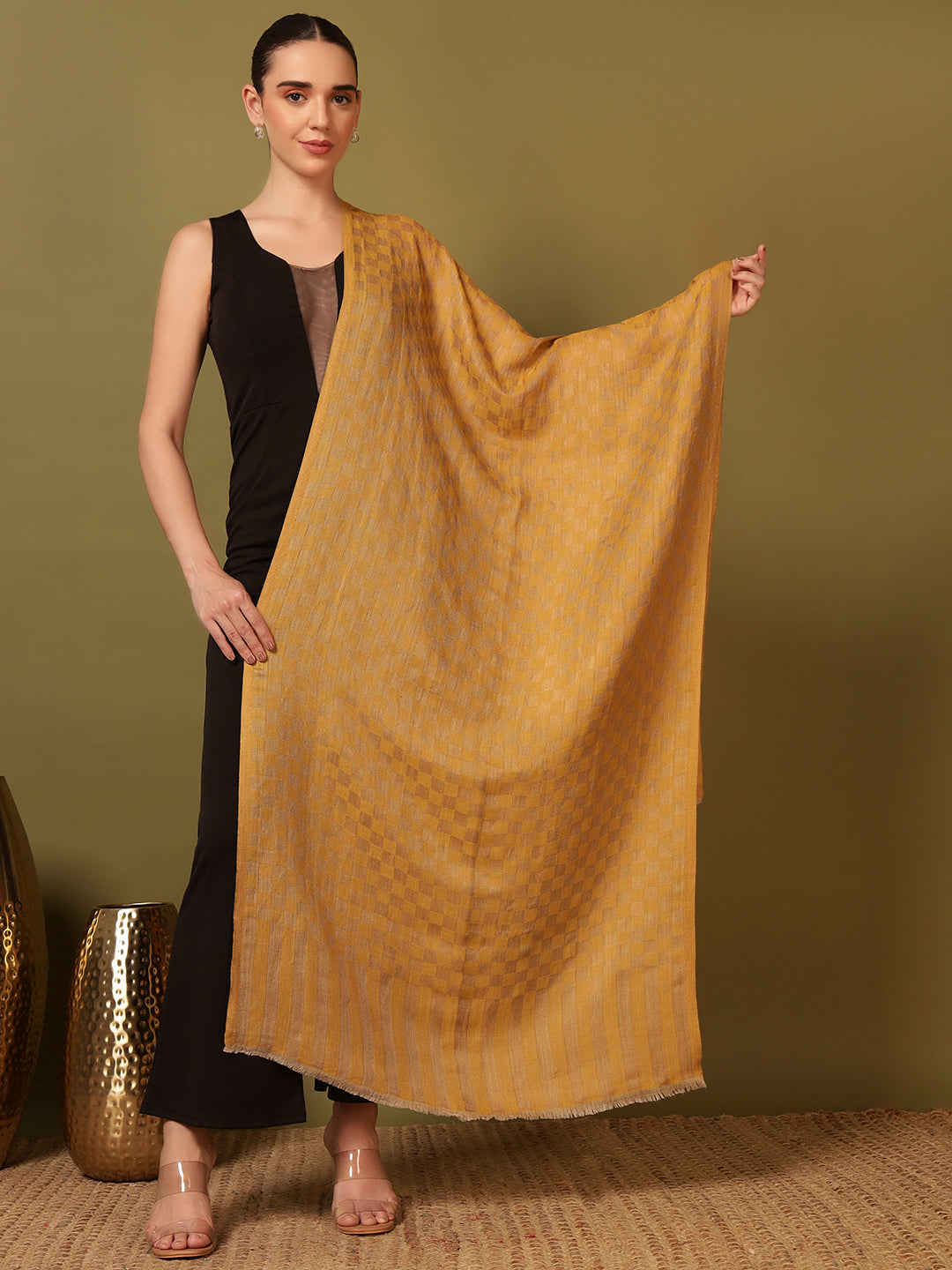 Pashmoda Women Champagne Check Reversible Zari Moonlight Fine Wool Stole (Size: 71x203 Cm)
