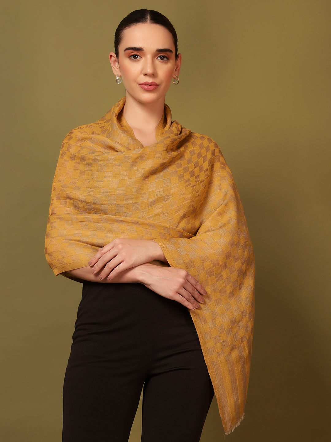 Pashmoda Women Champagne Check Reversible Zari Moonlight Fine Wool Stole (Size: 71x203 Cm)