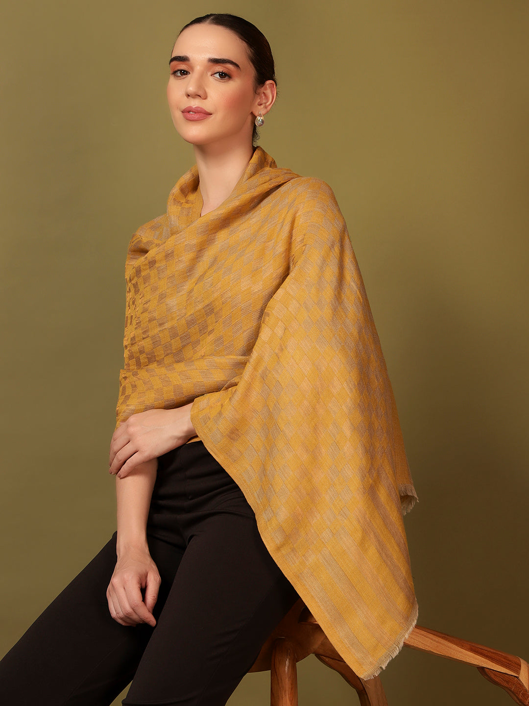 Pashmoda Women Champagne Check Reversible Zari Moonlight Fine Wool Stole (Size: 71x203 Cm)