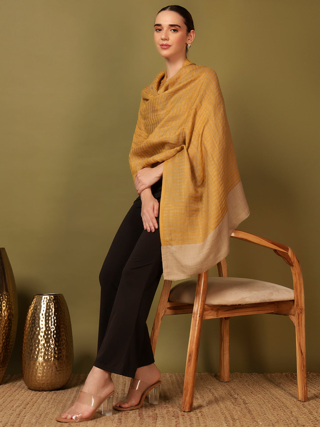 Pashmoda Women Golden Eclipse Reversible Zari Moonlight Fine Wool Stole (Size: 71x203 Cm)