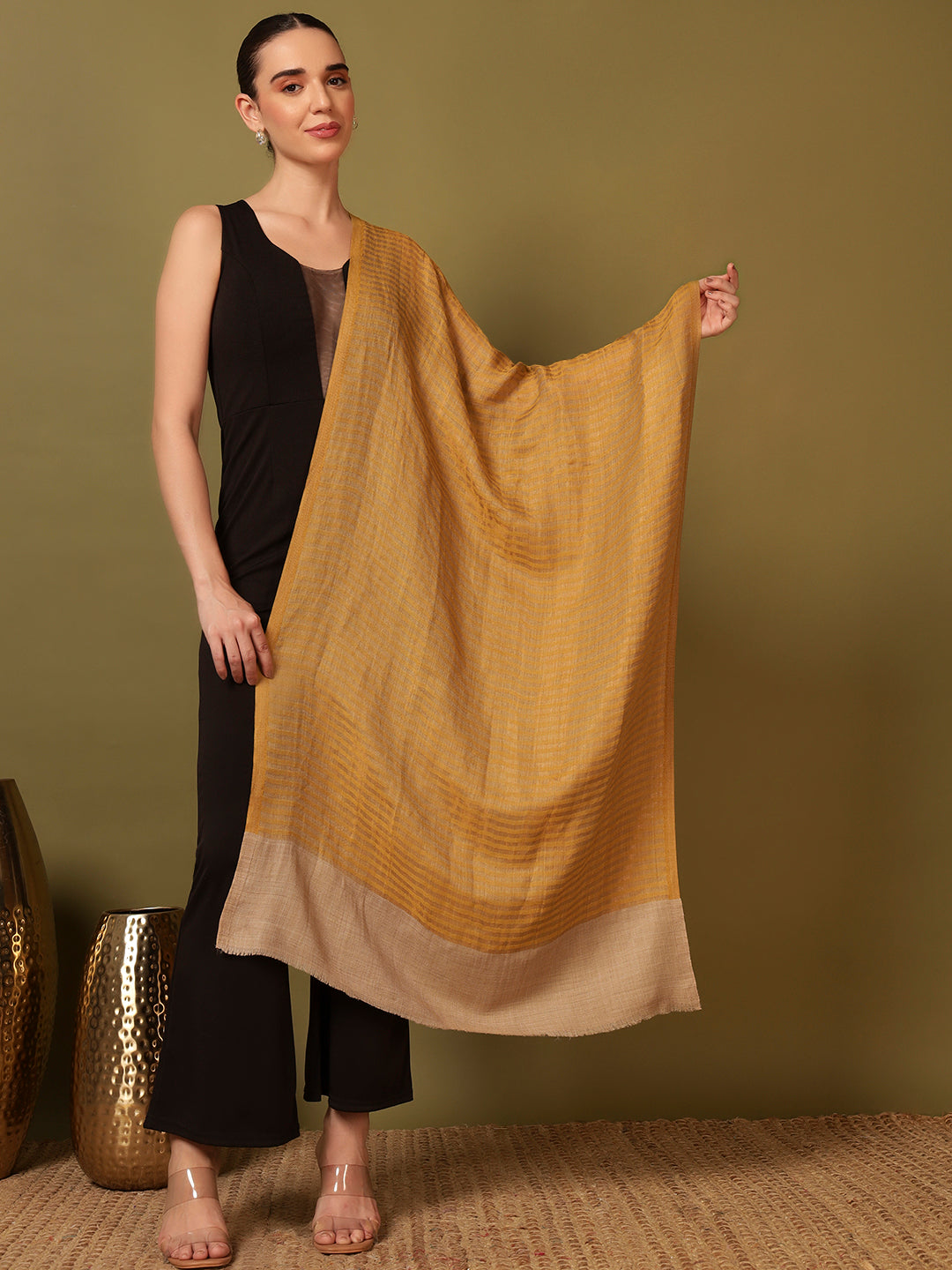 Pashmoda Women Golden Eclipse Reversible Zari Moonlight Fine Wool Stole (Size: 71x203 Cm)