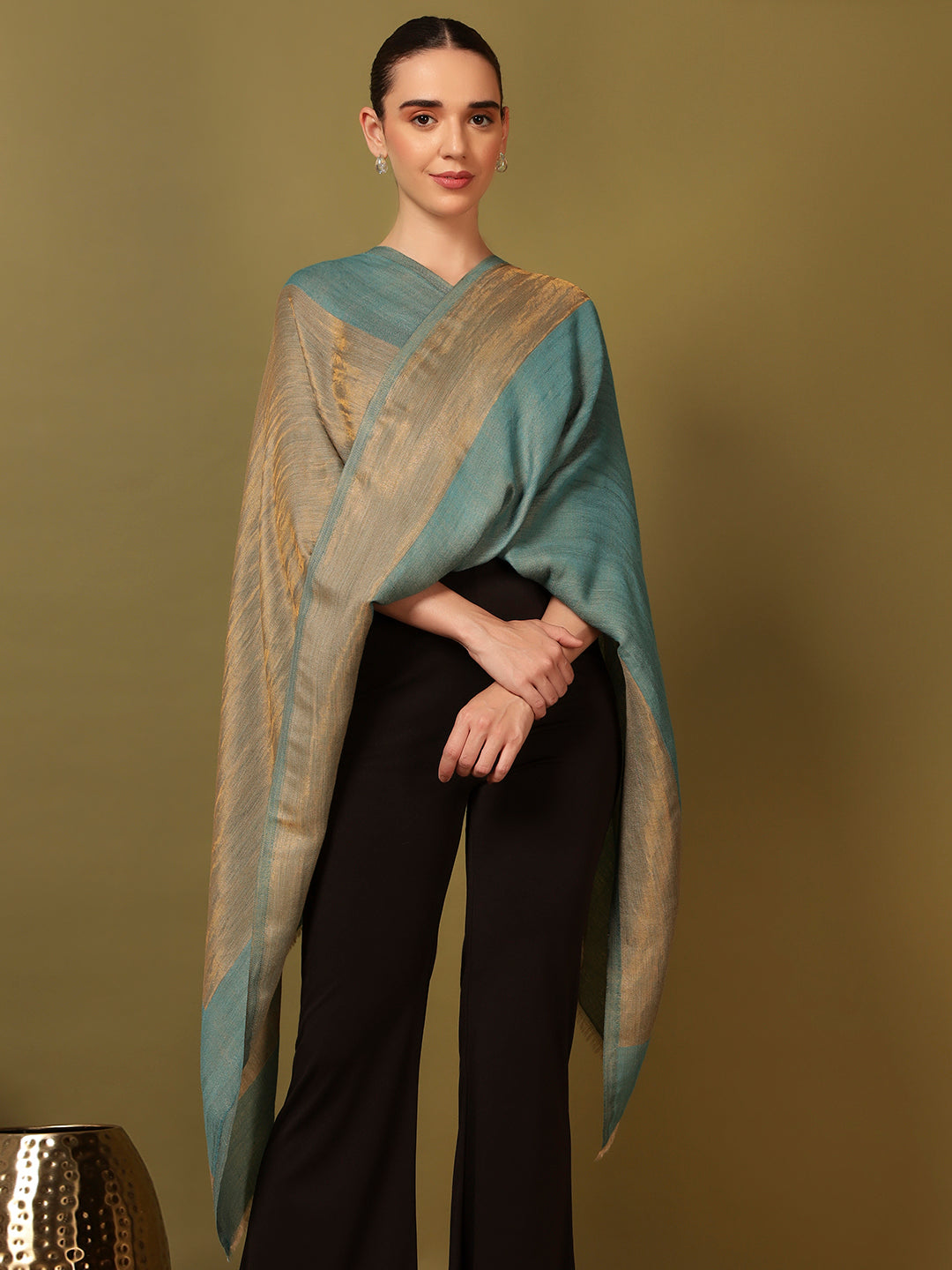 Pashmoda Women Midnight Bronze Reversible Zari Moonlight Fine Wool Stole (Size: 71x203 Cm)
