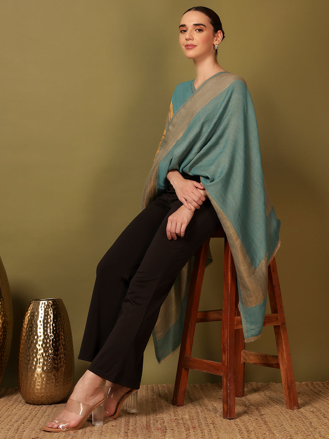 Pashmoda Women Midnight Bronze Reversible Zari Moonlight Fine Wool Stole (Size: 71x203 Cm)