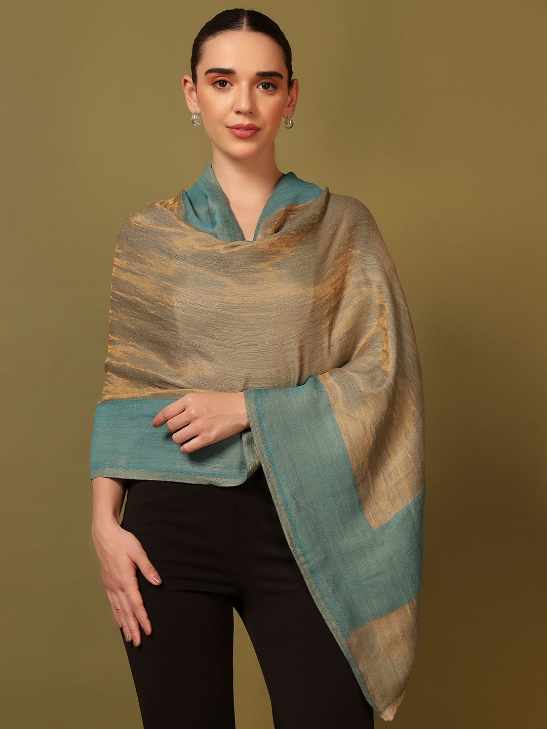 Pashmoda Women Midnight Bronze Reversible Zari Moonlight Fine Wool Stole (Size: 71x203 Cm)
