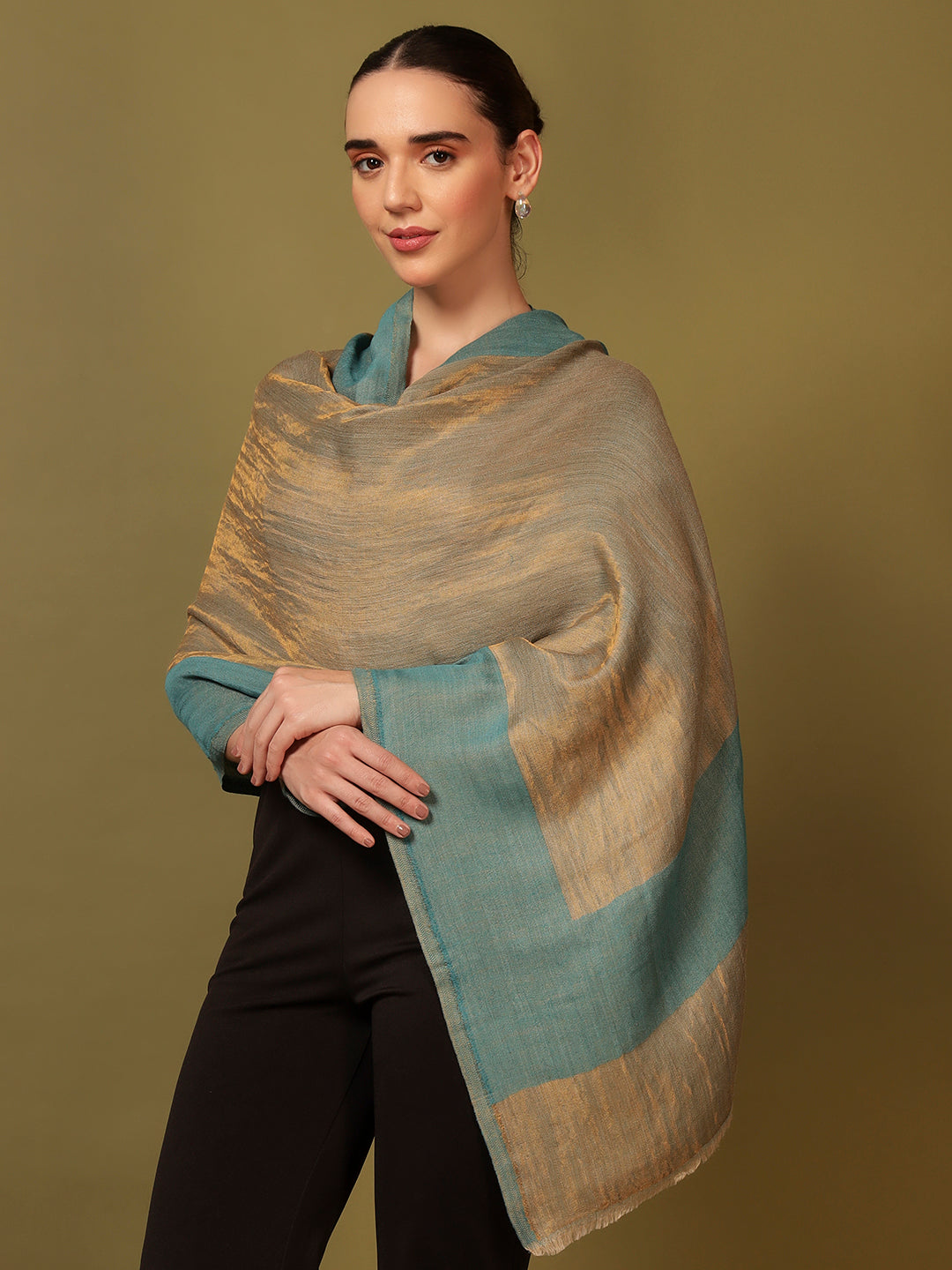 Pashmoda Women Midnight Bronze Reversible Zari Moonlight Fine Wool Stole (Size: 71x203 Cm)