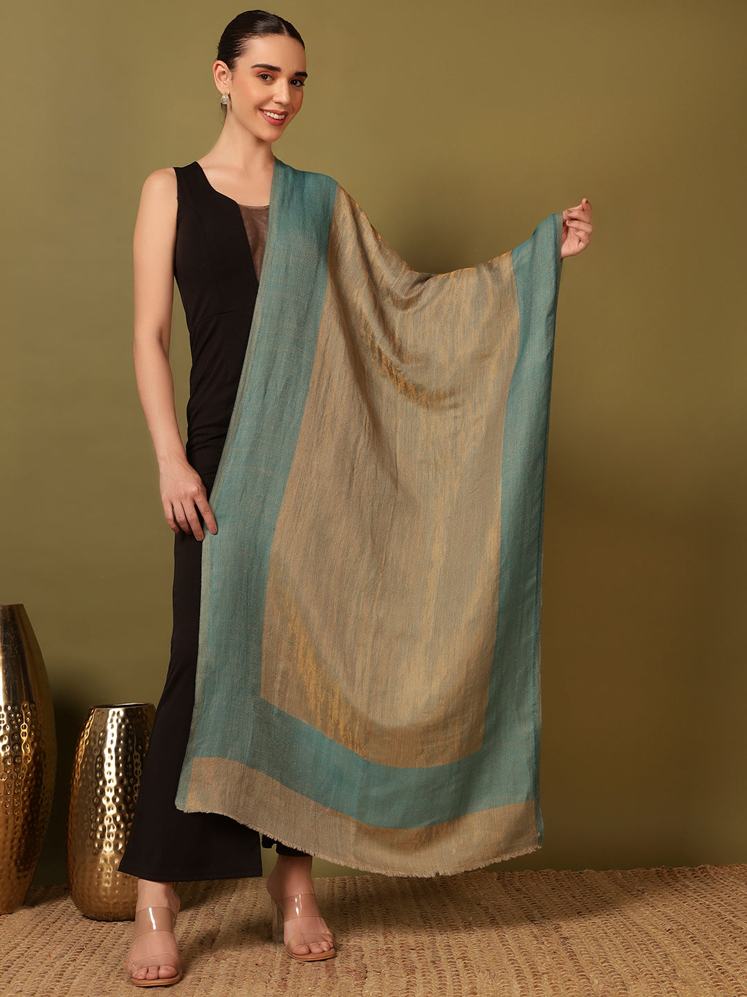 Pashmoda Women Midnight Bronze Reversible Zari Moonlight Fine Wool Stole (Size: 71x203 Cm)