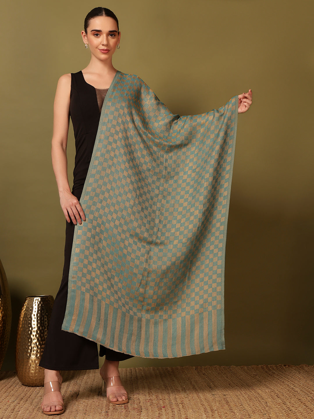 Pashmoda Women Champagne Check Reversible Zari Moonlight Fine Wool Stole (Size: 71x203 Cm)