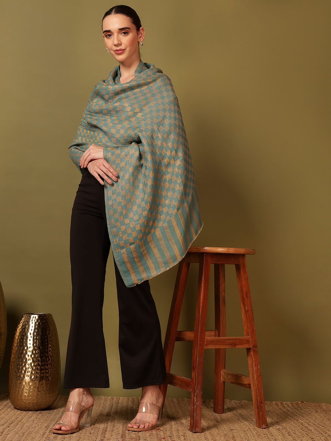 Pashmoda Women Champagne Check Reversible Zari Moonlight Fine Wool Stole (Size: 71x203 Cm)