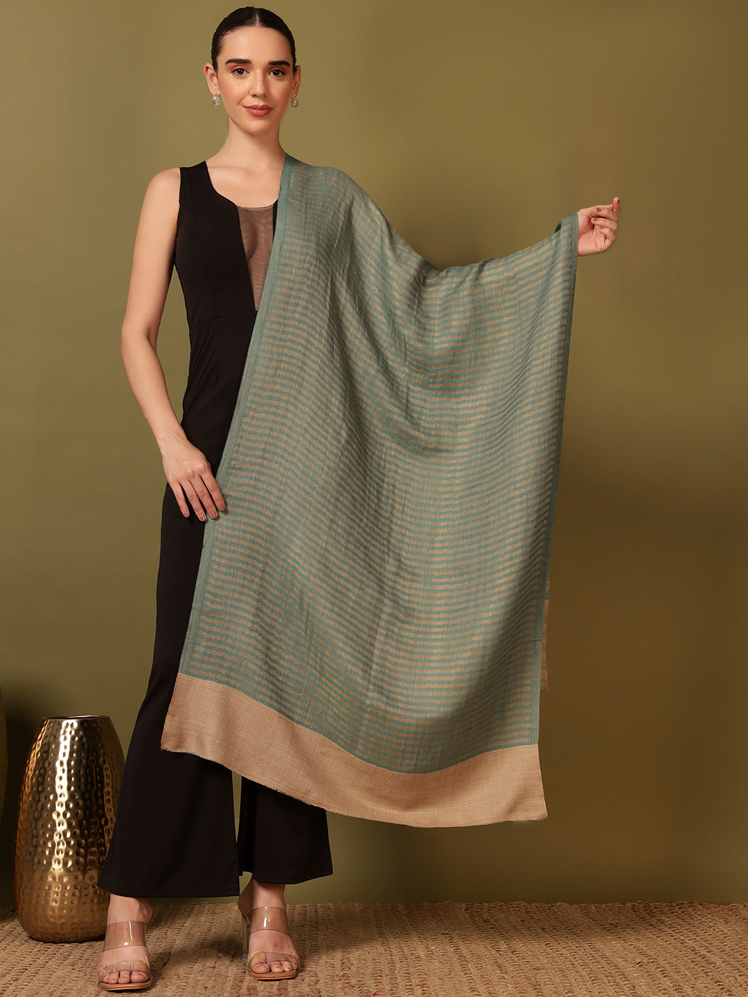 Pashmoda Women Golden Eclipse Reversible Zari Moonlight Fine Wool Stole (Size: 71x203 Cm)