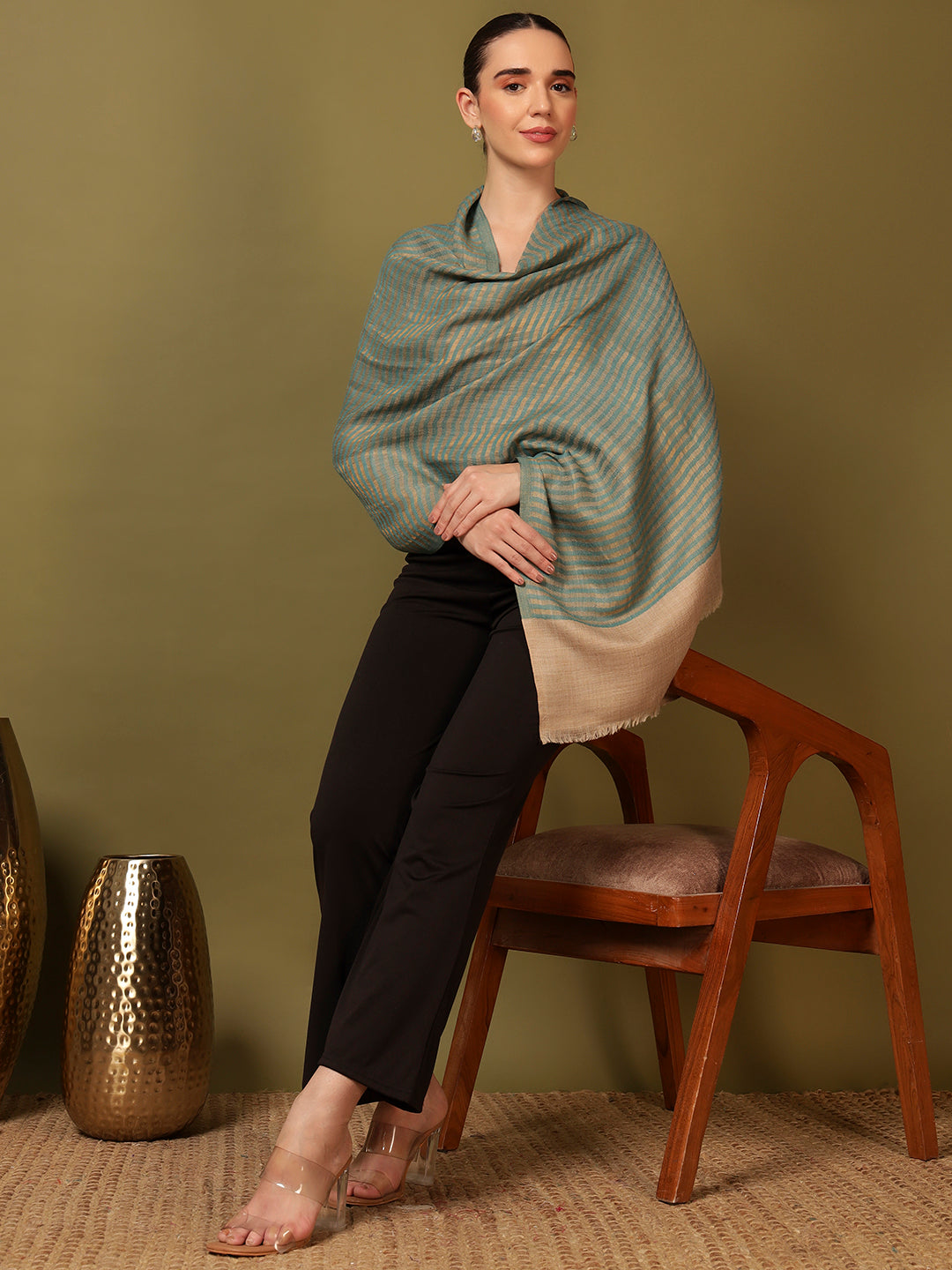 Pashmoda Women Golden Eclipse Reversible Zari Moonlight Fine Wool Stole (Size: 71x203 Cm)